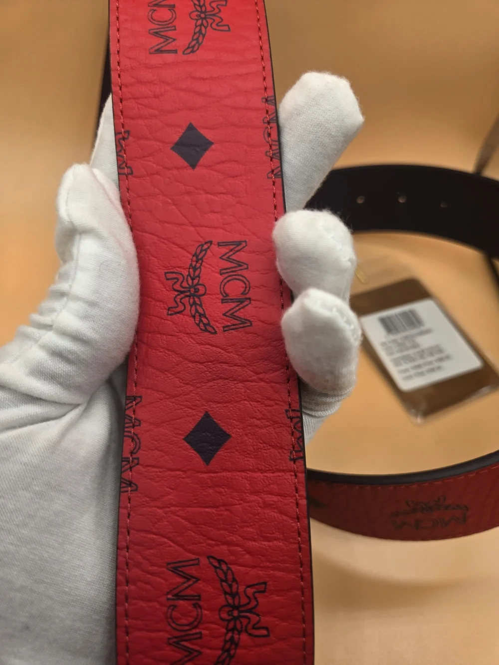 MCM Red Logo Strap Belt with Black 'M' Buckle
